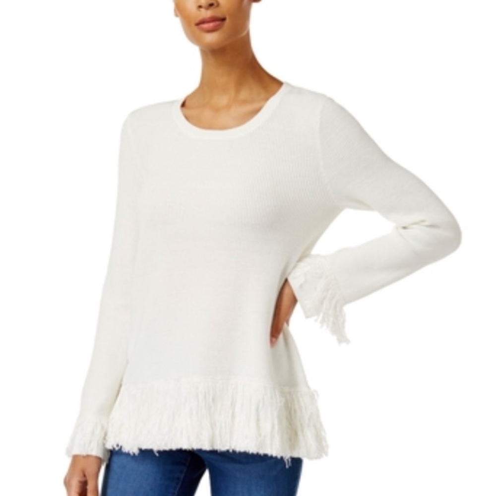 NEW Style & Co. Women’s White Fringe Ribbed Knit Sweater